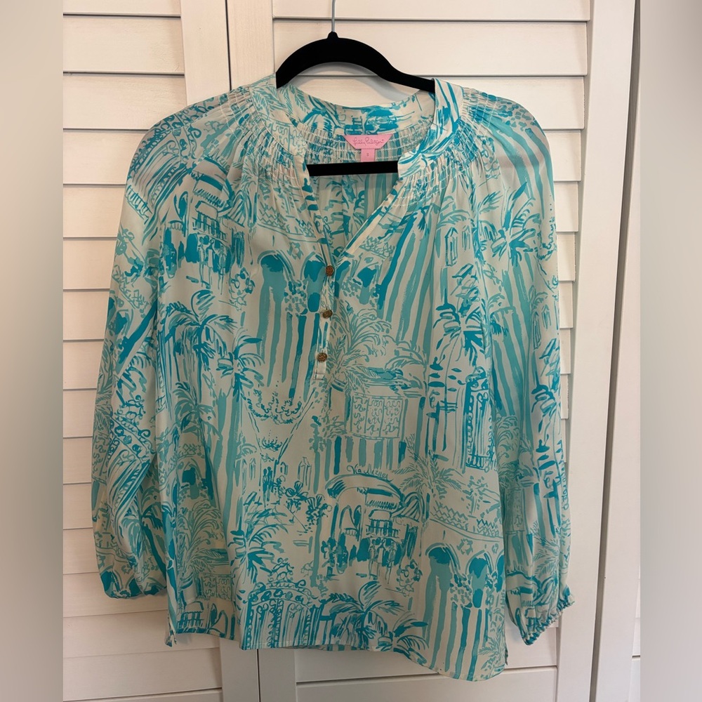 Lilly Pulitzer Aqua and White Printed Blouse